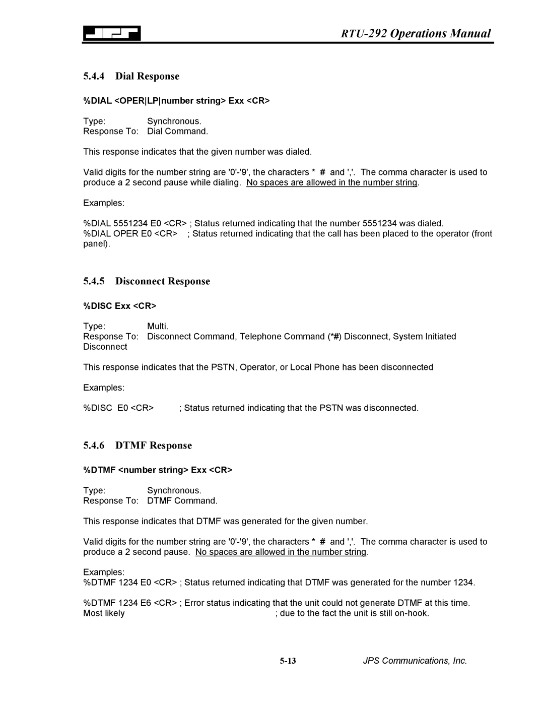 Nortel Networks RTU-292 operation manual Dial Response, Disconnect Response, Dtmf Response 