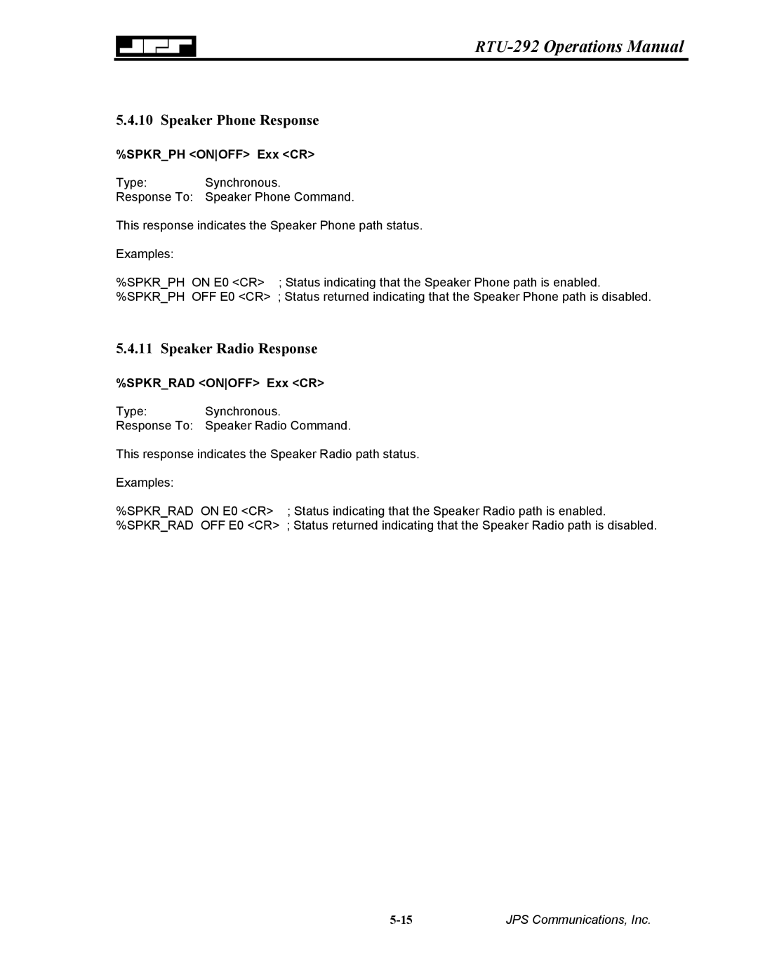 Nortel Networks RTU-292 operation manual Speaker Phone Response, Speaker Radio Response 