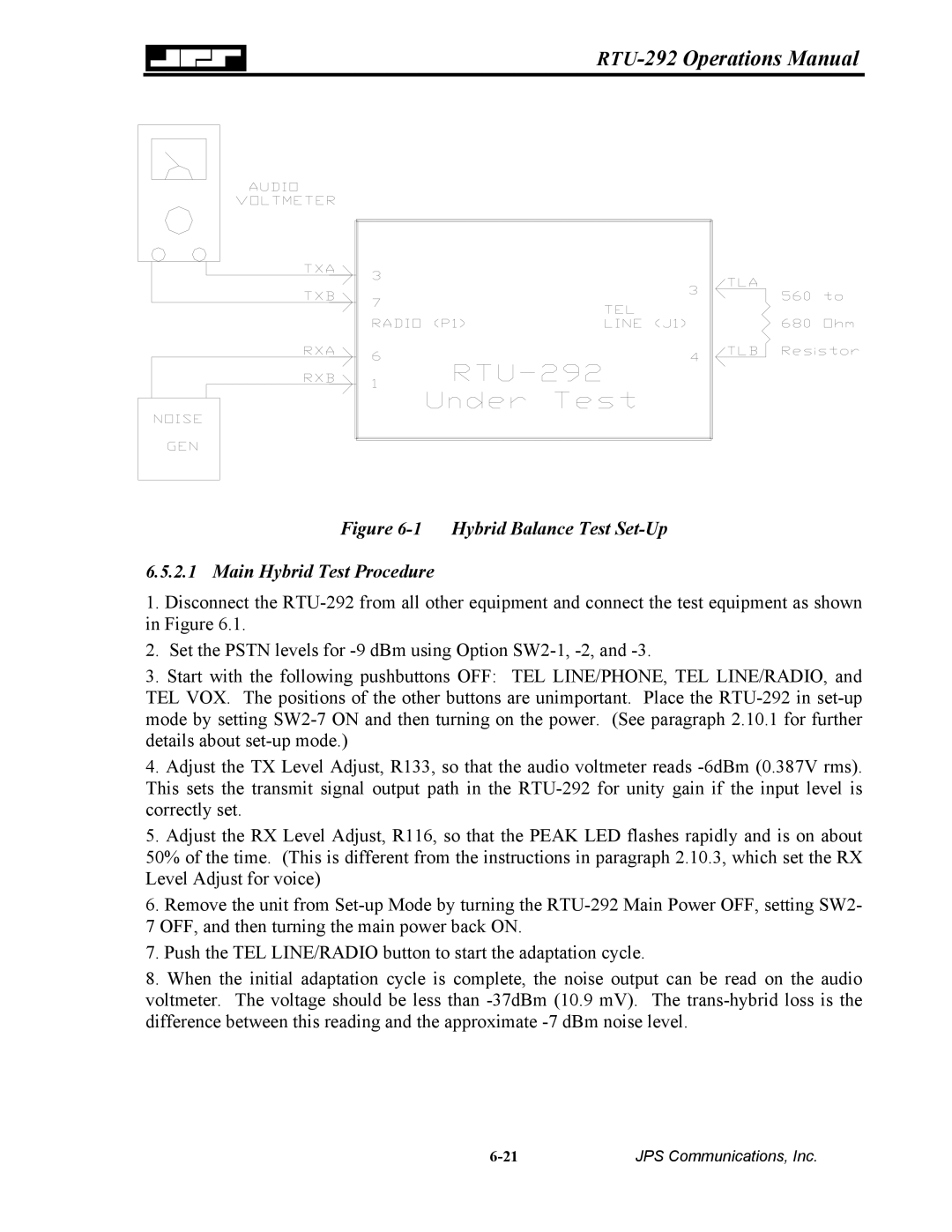 Nortel Networks RTU-292 operation manual Hybrid Balance Test Set-Up Main Hybrid Test Procedure 