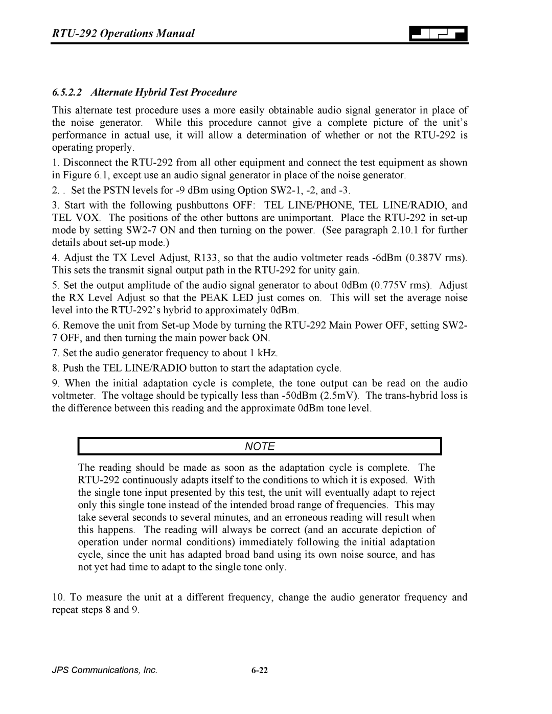 Nortel Networks RTU-292 operation manual Alternate Hybrid Test Procedure 