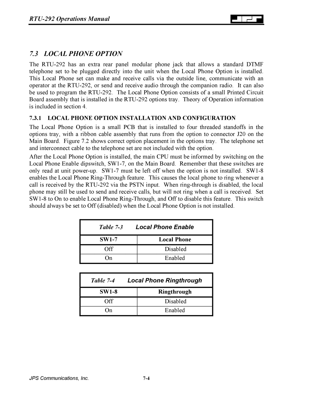 Nortel Networks RTU-292 Local Phone Option Installation and Configuration, Local Phone Enable, Local Phone Ringthrough 