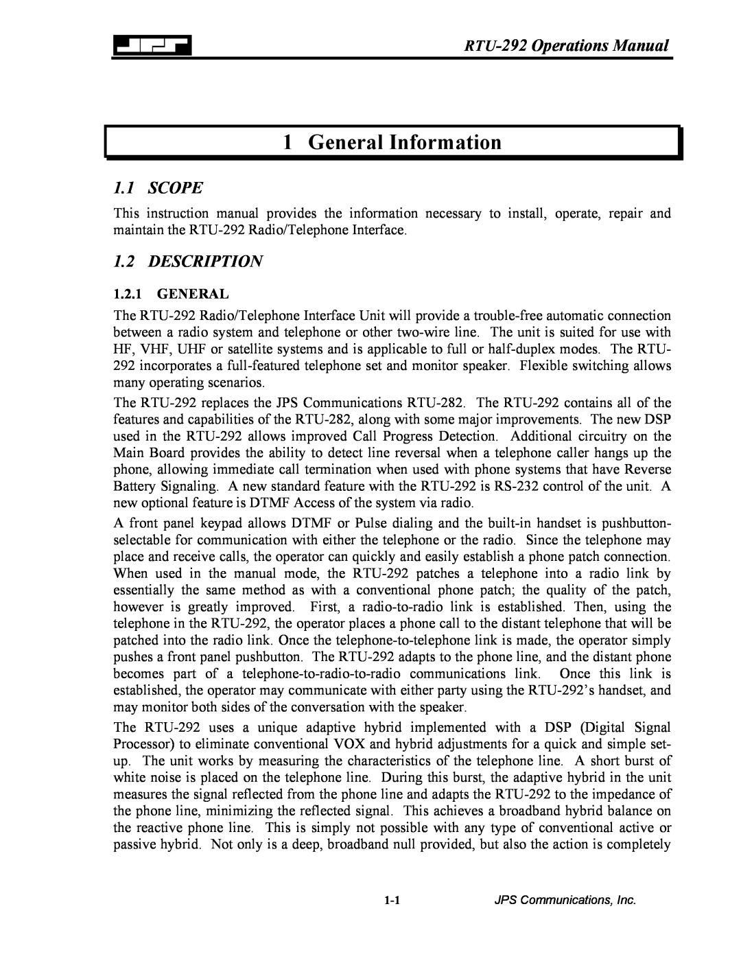 Nortel Networks operation manual General Information, Scope, Description, RTU-292 Operations Manual 