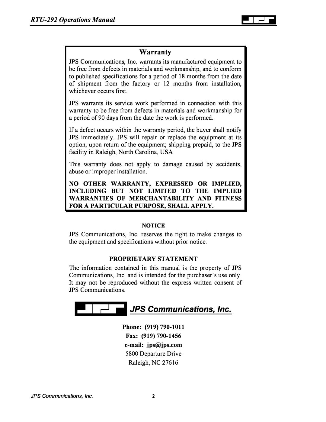 Nortel Networks operation manual Warranty, RTU-292 Operations Manual, Proprietary Statement 