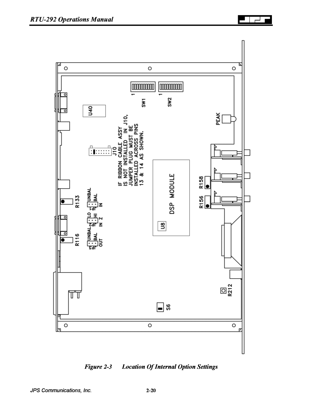 Nortel Networks RTU-292 Operations Manual, 3 Location Of Internal Option Settings, JPS Communications, Inc, 2-20 
