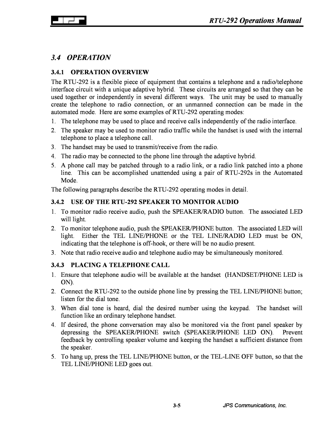 Nortel Networks RTU-292 Operations Manual, Operation Overview, USE OF THE RTU-292 SPEAKER TO MONITOR AUDIO 