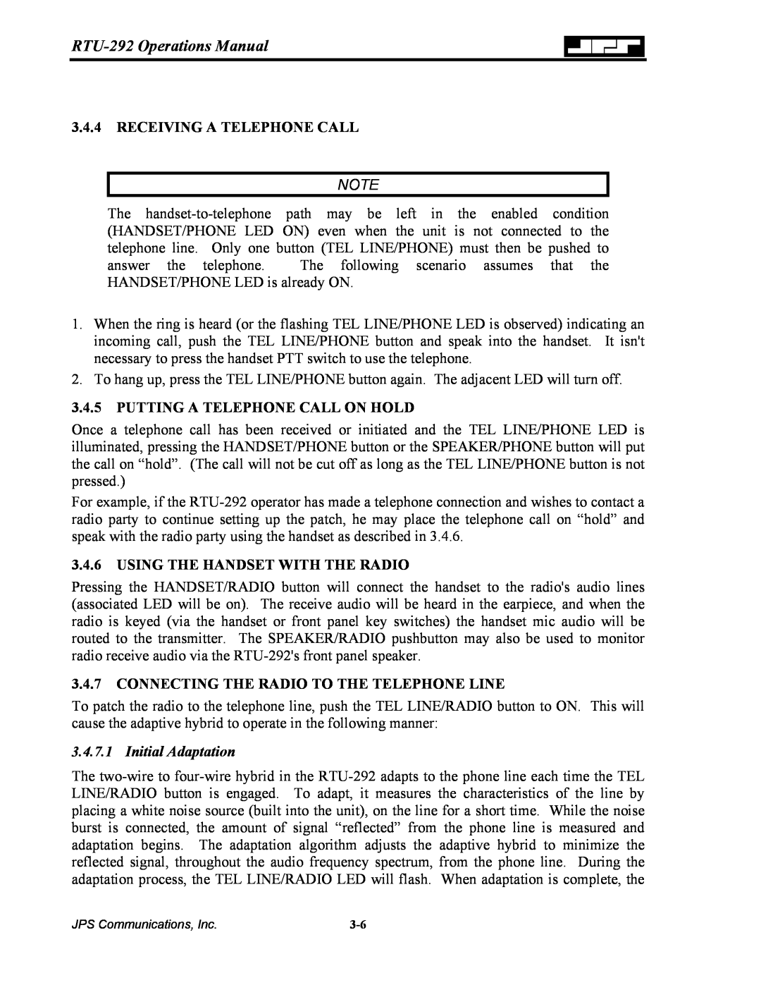 Nortel Networks operation manual RTU-292 Operations Manual, Receiving A Telephone Call, Putting A Telephone Call On Hold 