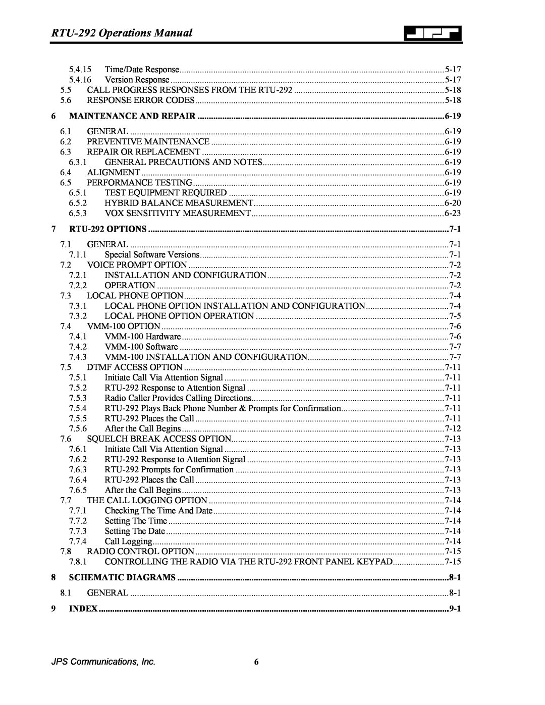 Nortel Networks RTU-292 Operations Manual, Maintenance And Repair, 6-19, RTU-292 OPTIONS, Schematic Diagrams, Index 