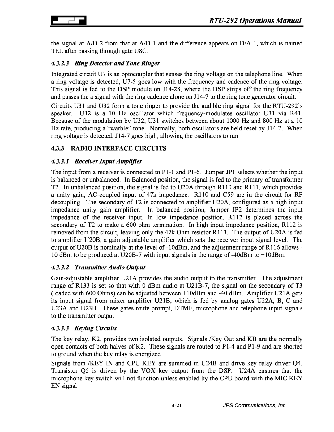 Nortel Networks RTU-292 Operations Manual, Ring Detector and Tone Ringer, Radio Interface Circuits, Keying Circuits 