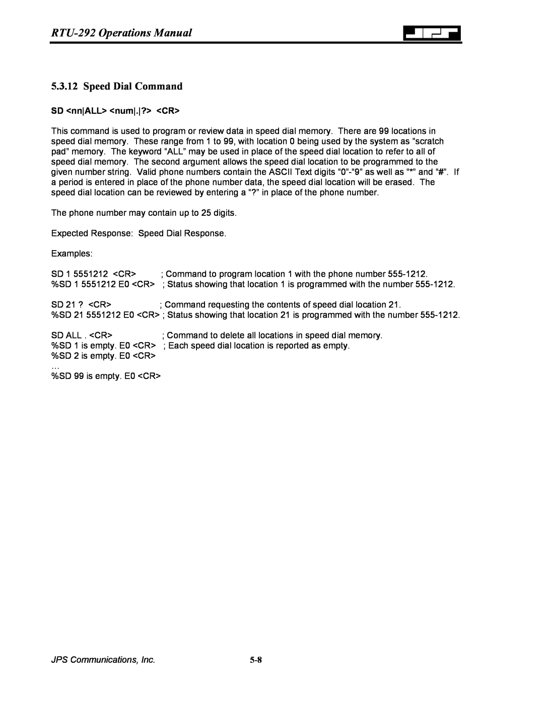 Nortel Networks RTU-292 Operations Manual, Speed Dial Command, SD nnALL num.? CR, JPS Communications, Inc 