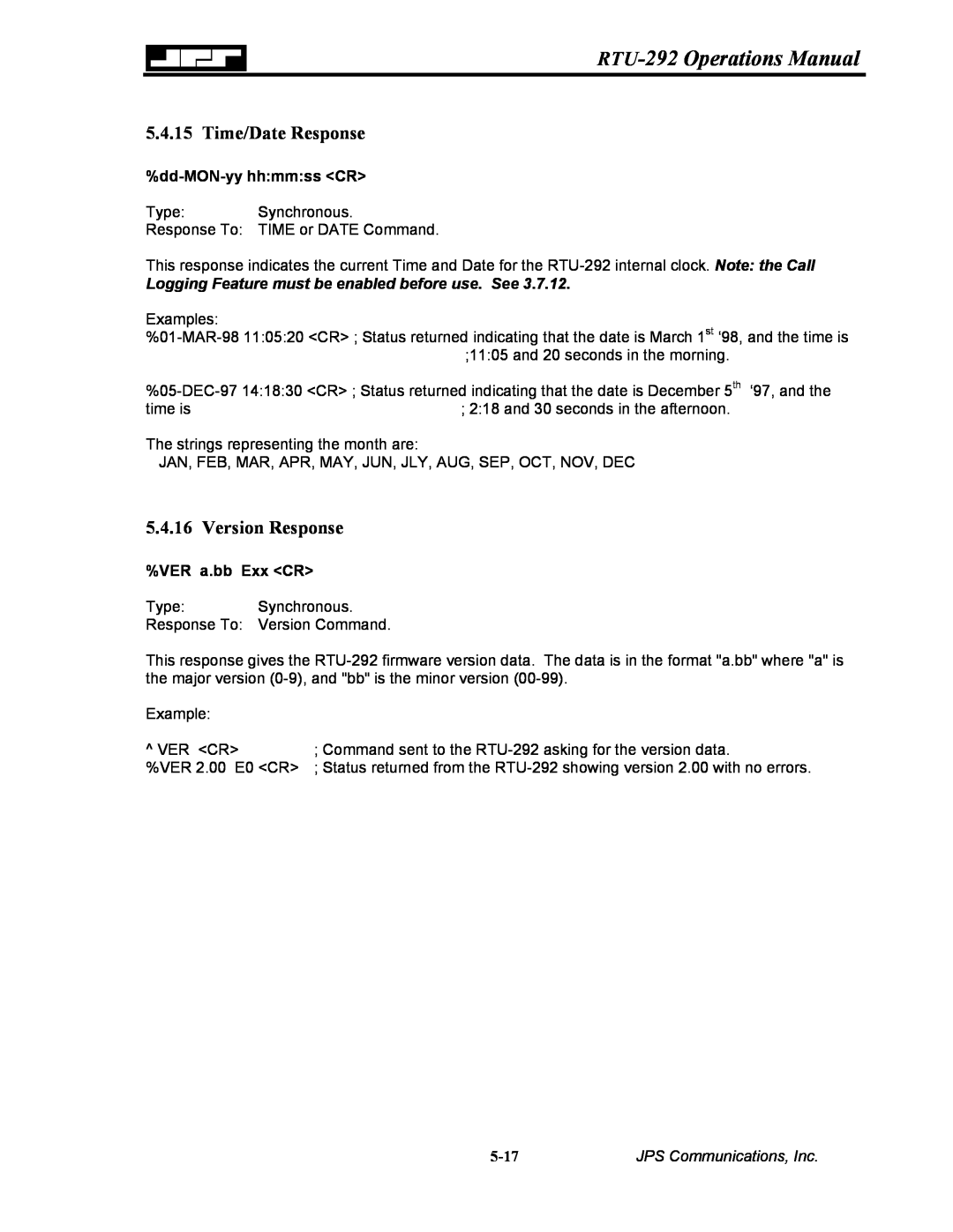 Nortel Networks RTU-292 Operations Manual, Time/Date Response, Version Response, JPS Communications, Inc 