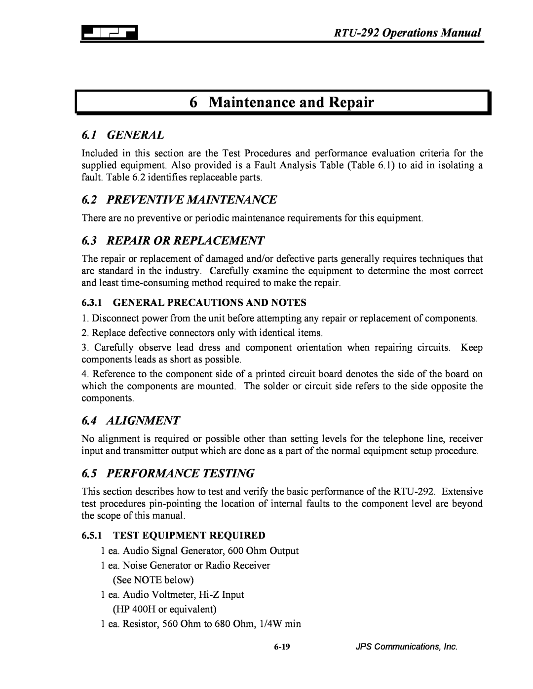 Nortel Networks RTU-292 Maintenance and Repair, General, Preventive Maintenance, Repair Or Replacement, Alignment 