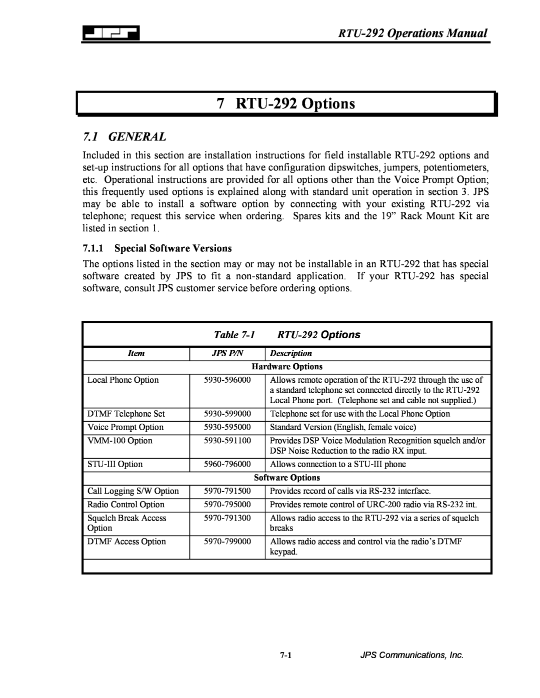 Nortel Networks operation manual RTU-292 Options, General, RTU-292 Operations Manual, Special Software Versions 