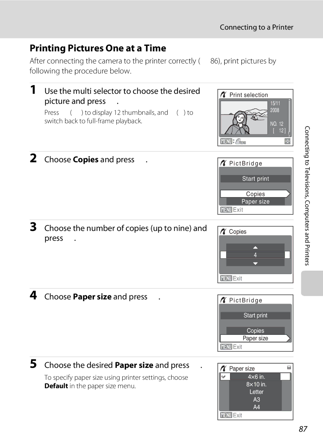 Nortel Networks S560 user manual Printing Pictures One at a Time, Choose Copies and press k, Choose Paper size and press k 