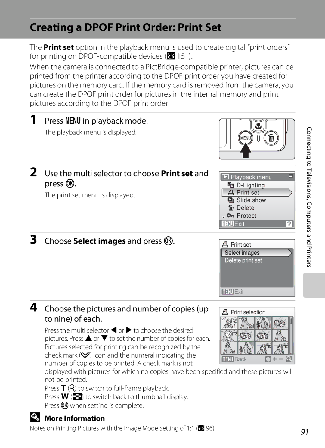 Nortel Networks S560 Creating a Dpof Print Order Print Set, Press d in playback mode, Choose Select images and press k 