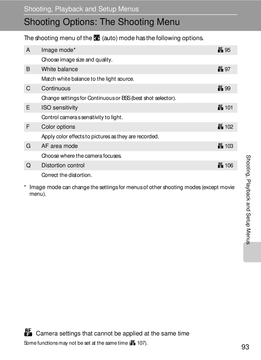 Nortel Networks S560 Shooting Options The Shooting Menu, Shooting menu of the a auto mode has the following options 