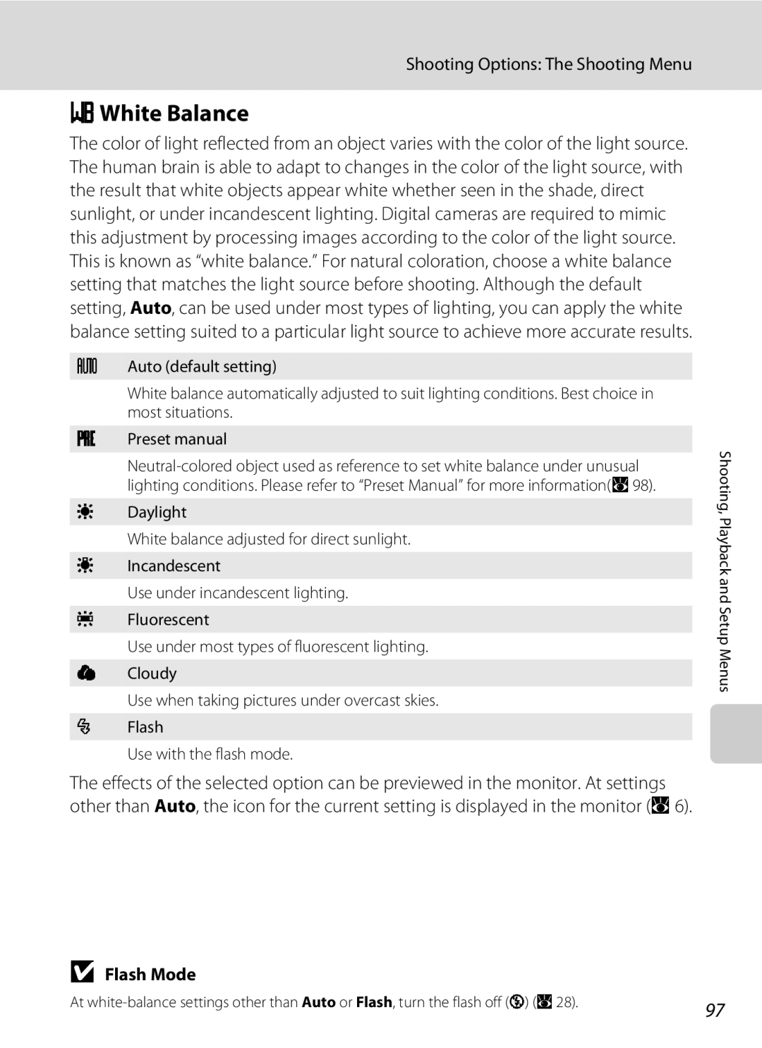 Nortel Networks S560 user manual BWhite Balance, Flash Mode 