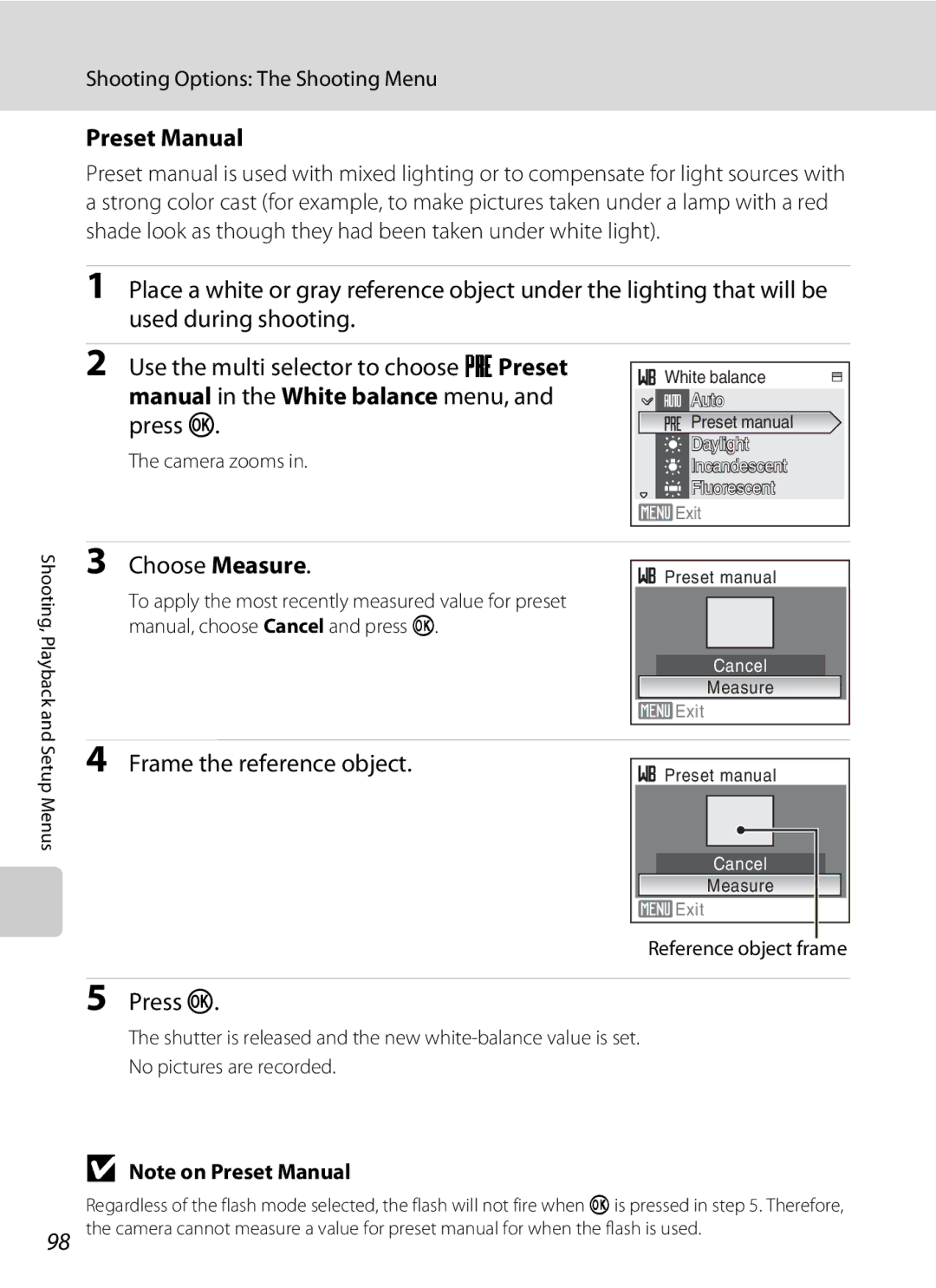 Nortel Networks S560 user manual Preset Manual, Manual in the White balance menu, and press k, Choose Measure 