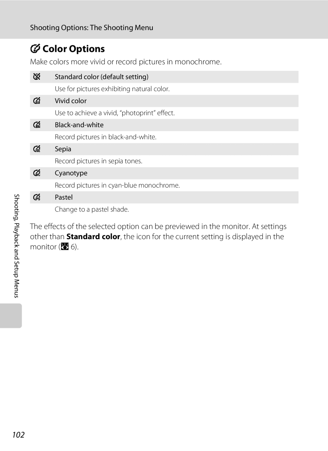 Nortel Networks S560 user manual FColor Options, 102, Make colors more vivid or record pictures in monochrome 