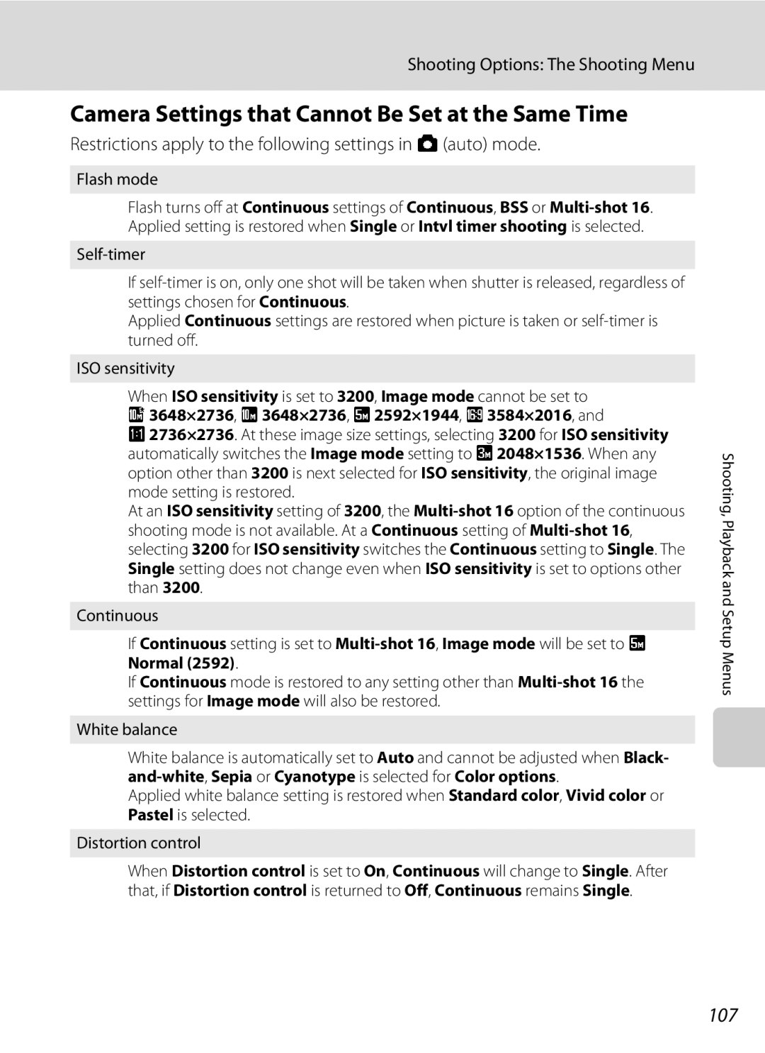 Nortel Networks S560 user manual Camera Settings that Cannot Be Set at the Same Time, 107, Flash mode 