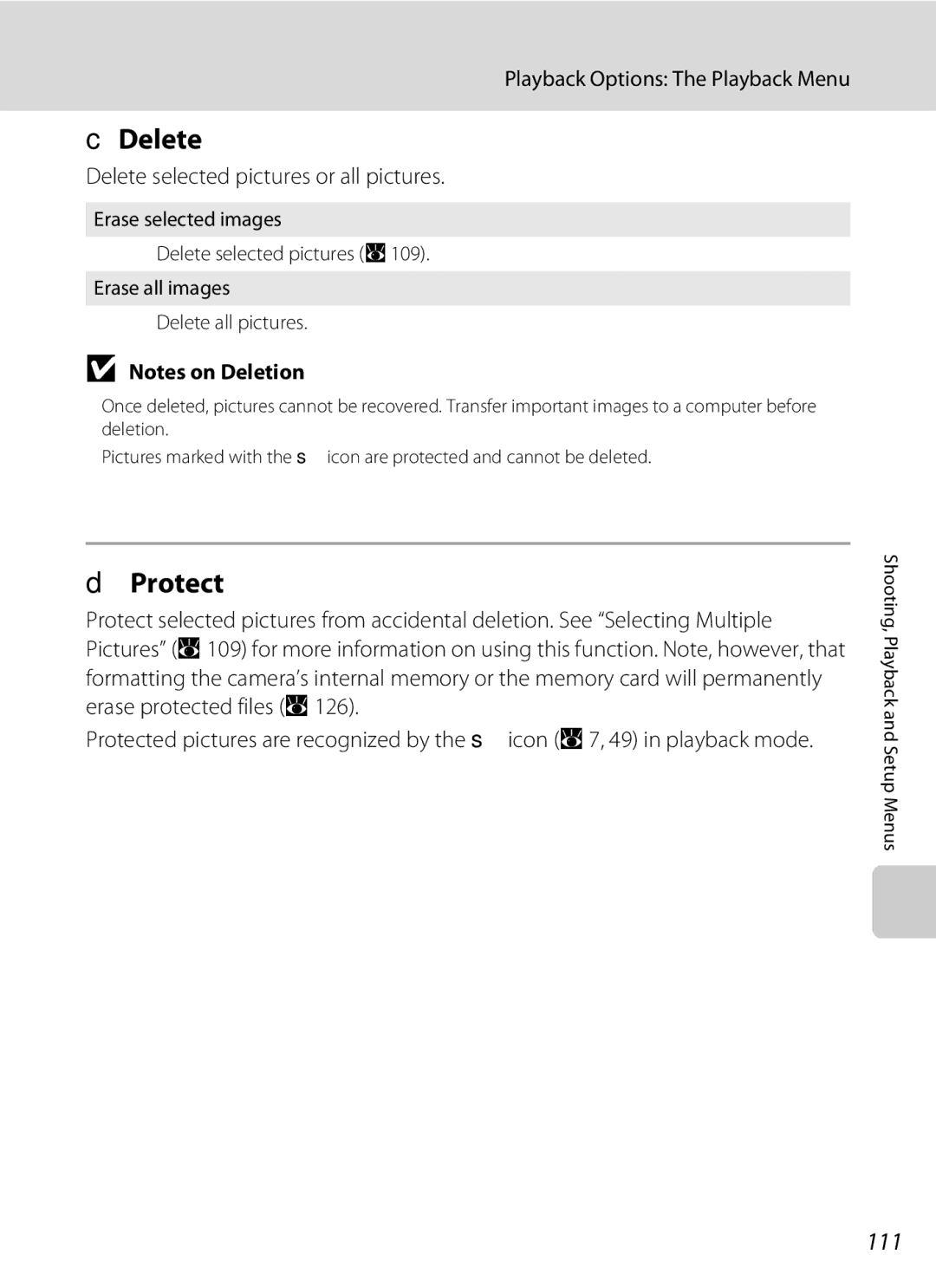 Nortel Networks S560 user manual Protect, 111, Delete selected pictures or all pictures 