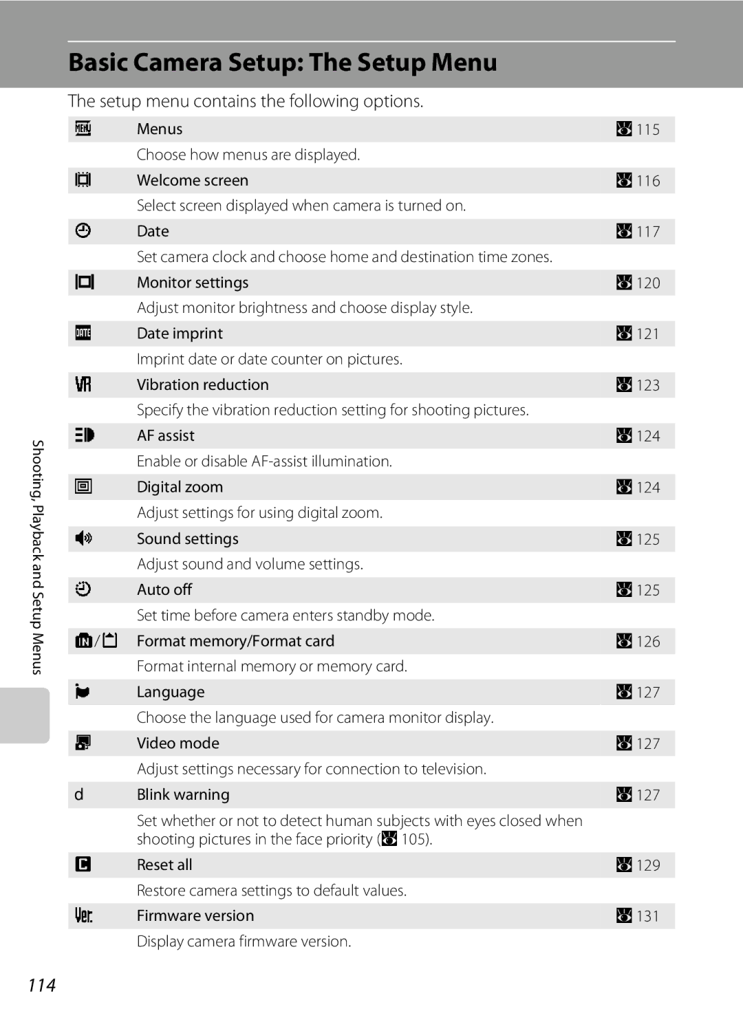 Nortel Networks S560 user manual Basic Camera Setup The Setup Menu, 114, Setup menu contains the following options 