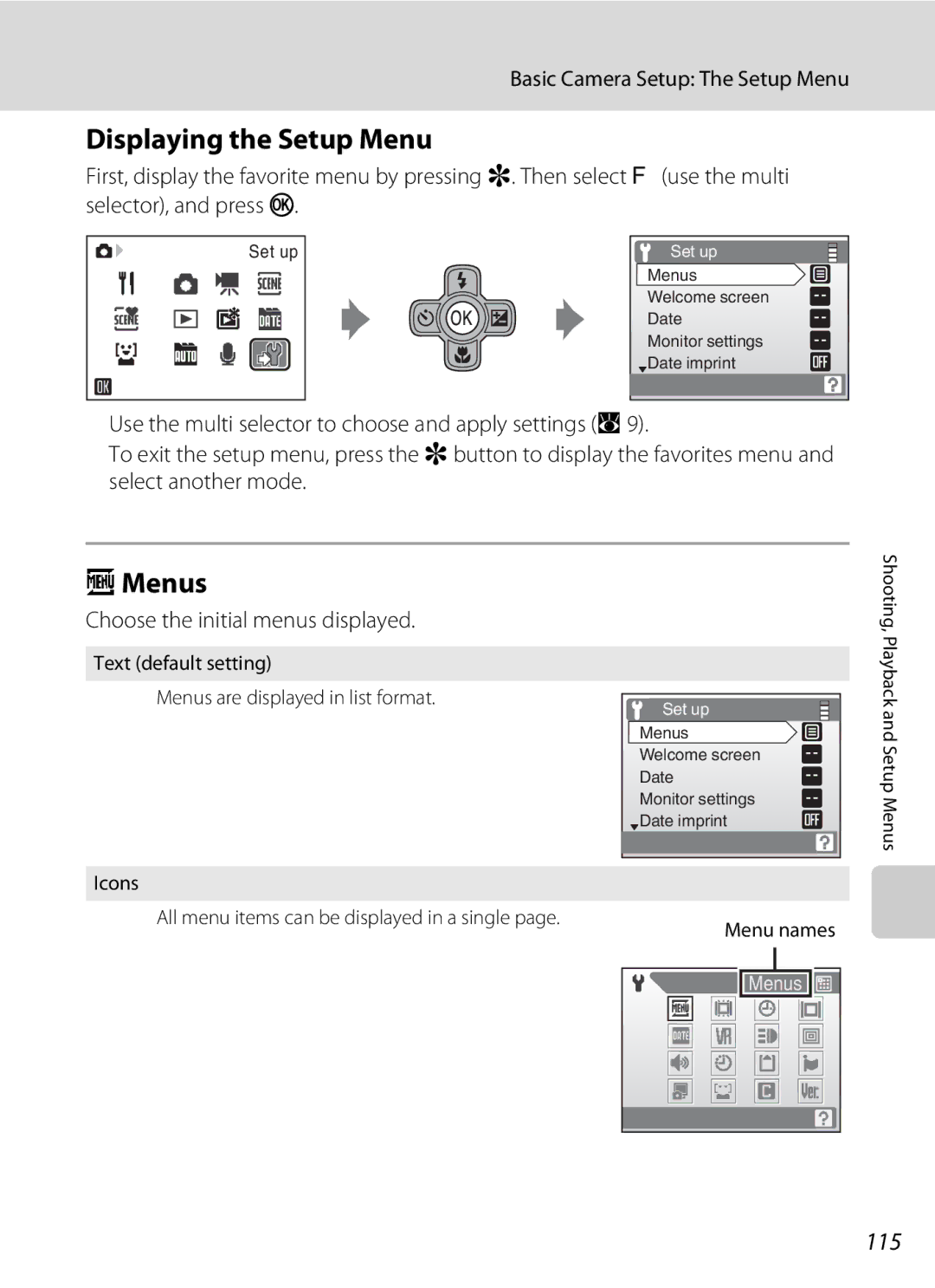 Nortel Networks S560 user manual Displaying the Setup Menu, Menus, 115, Basic Camera Setup The Setup Menu 