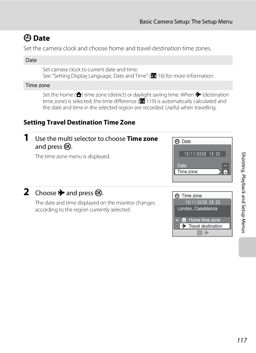 Nortel Networks S560 Date, Setting Travel Destination Time Zone, Use the multi selector to choose Time zone and press k 