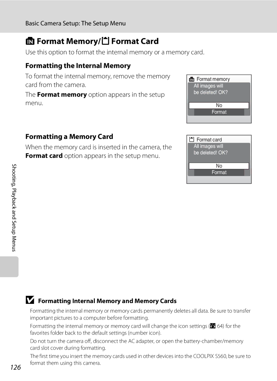 Nortel Networks S560 user manual LFormat Memory/mFormat Card, Formatting the Internal Memory, Formatting a Memory Card, 126 