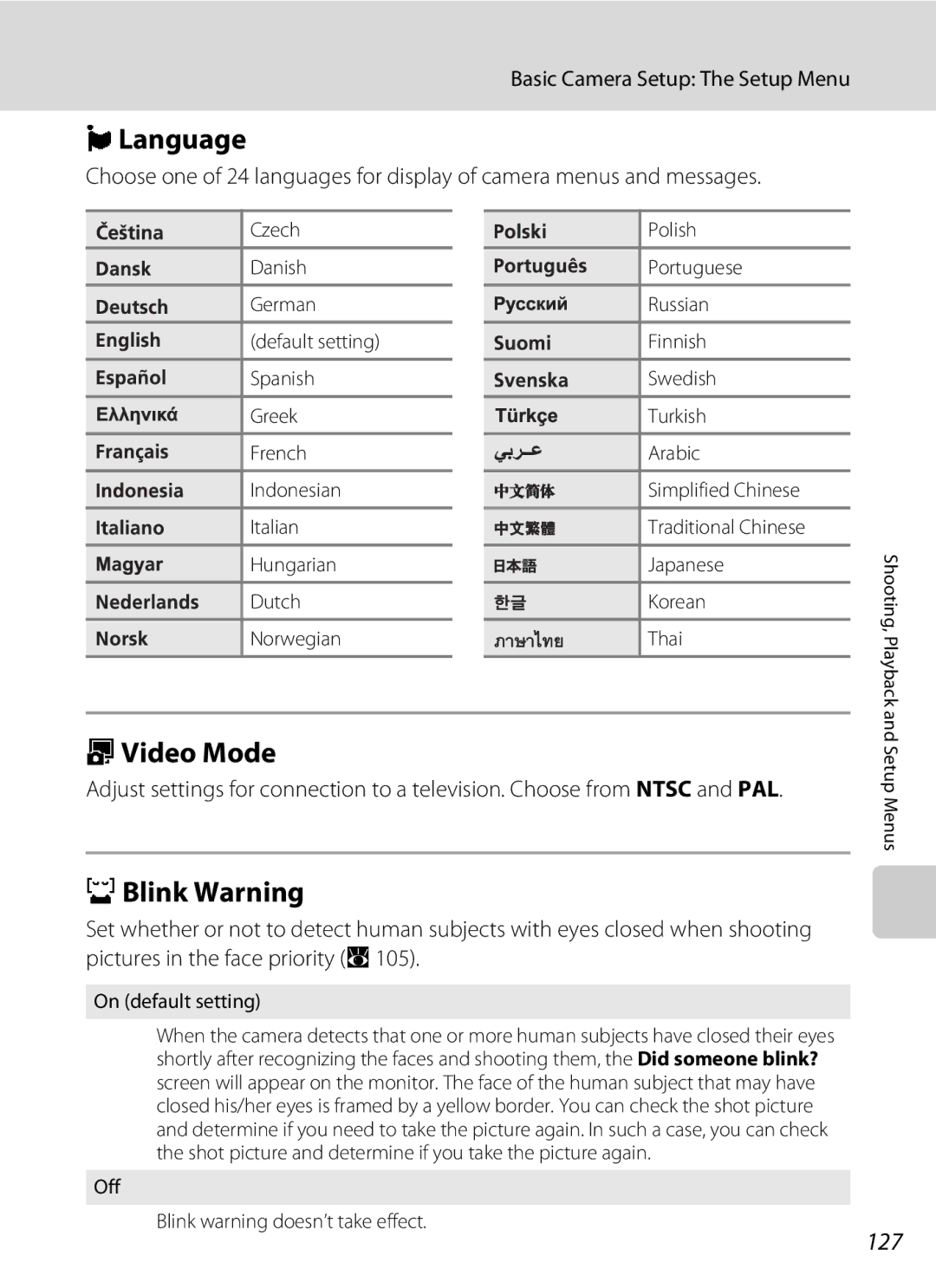 Nortel Networks S560 user manual Language, OVideo Mode, DBlink Warning, 127, Off Blink warning doesn’t take effect 