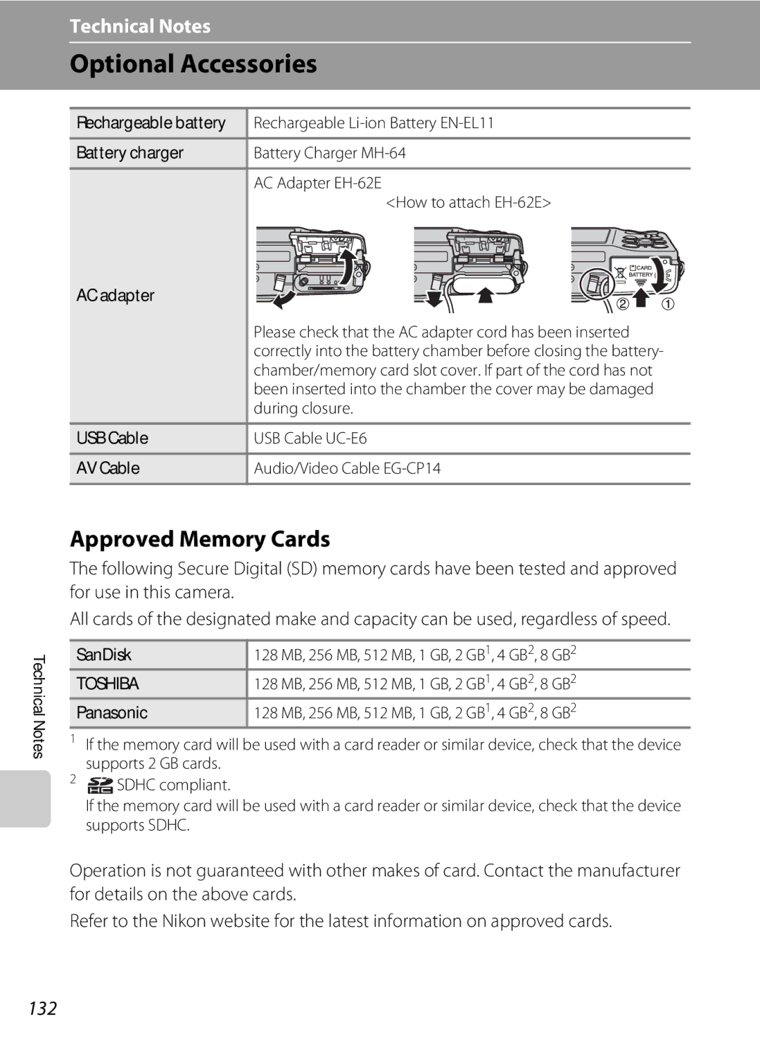 Nortel Networks S560 user manual Optional Accessories, Approved Memory Cards, 132, During closure 