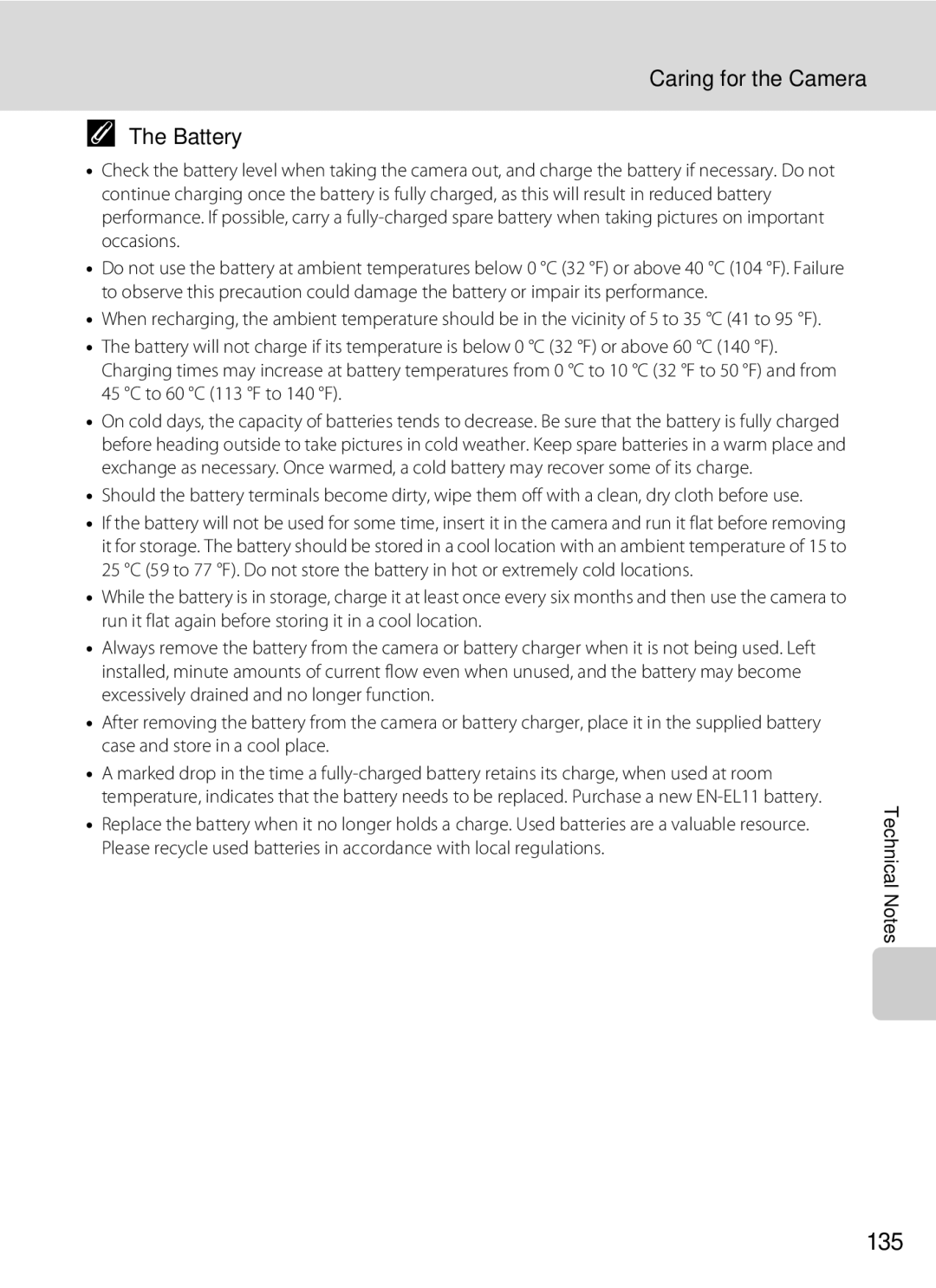 Nortel Networks S560 user manual 135, Caring for the Camera, Battery 