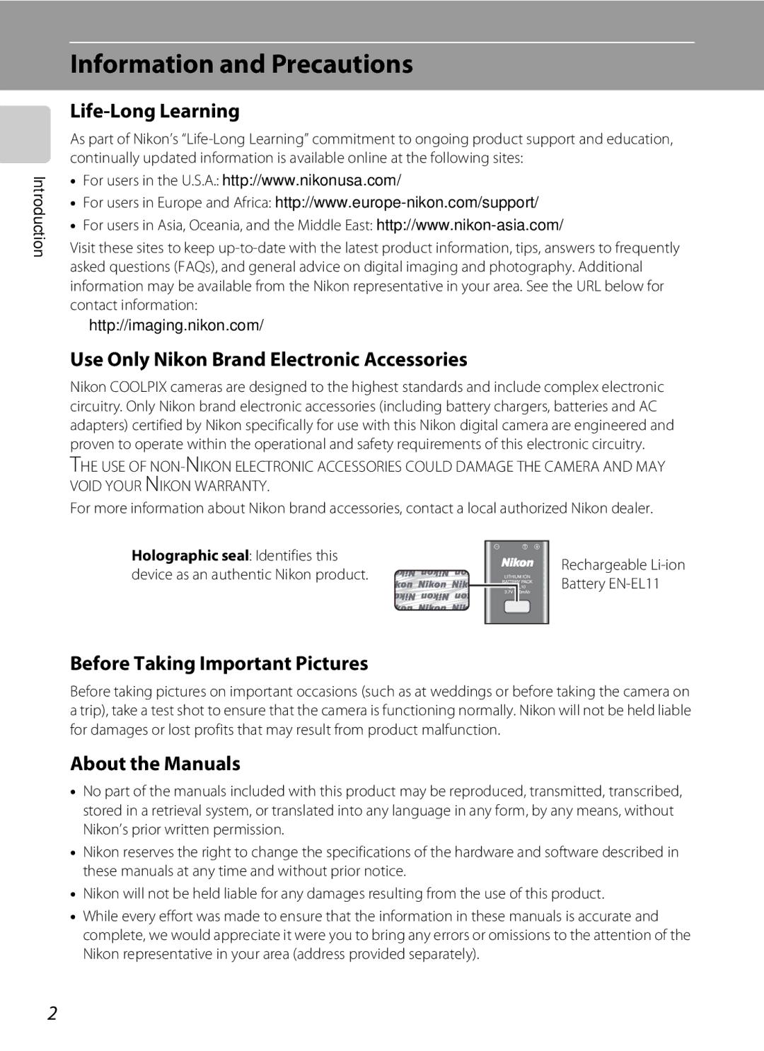 Nortel Networks S560 Information and Precautions, Life-Long Learning, Use Only Nikon Brand Electronic Accessories 