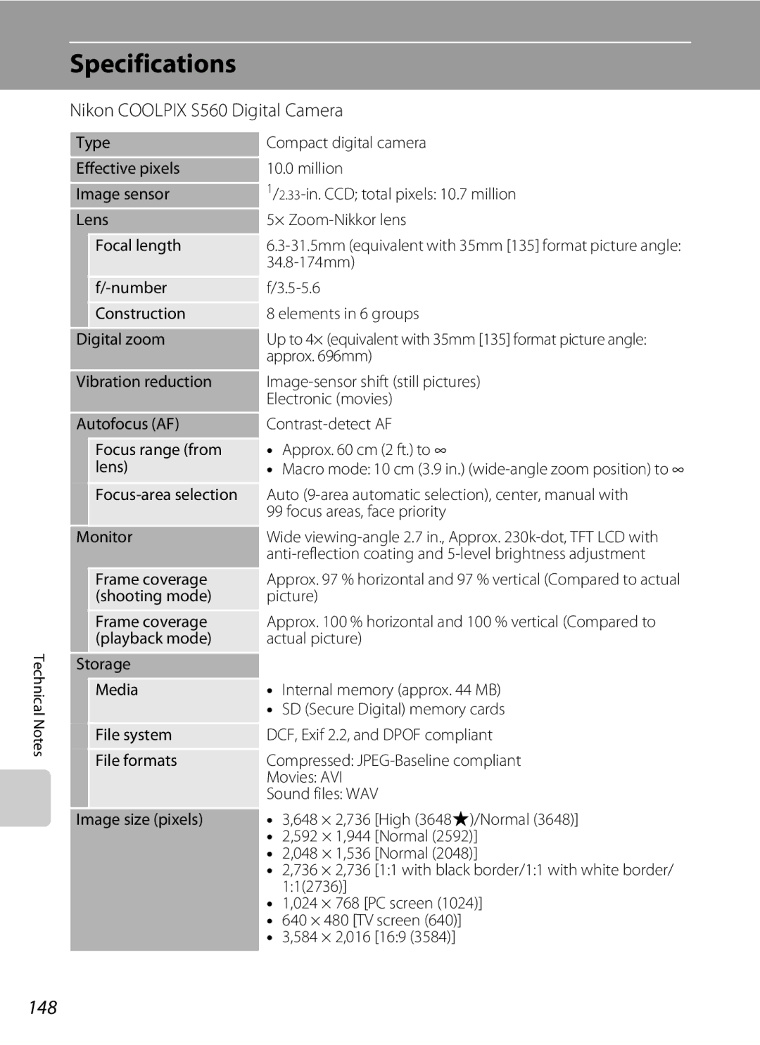 Nortel Networks user manual Specifications, 148, Nikon Coolpix S560 Digital Camera 