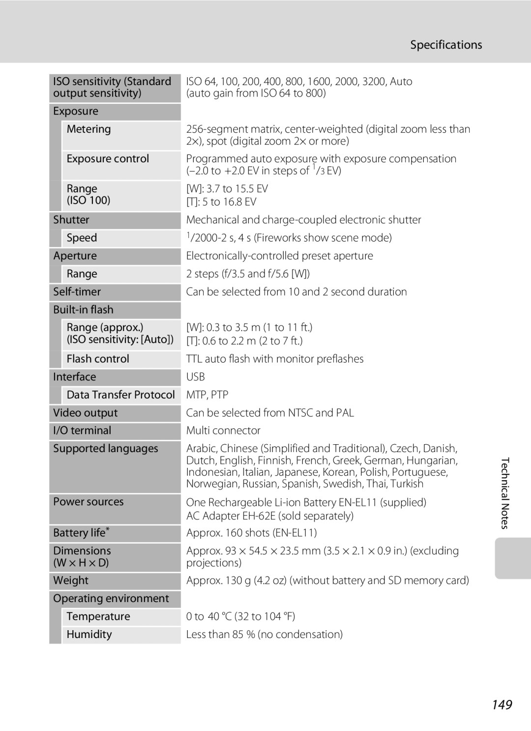 Nortel Networks S560 user manual 149, Specifications, × H × D Projections Weight 