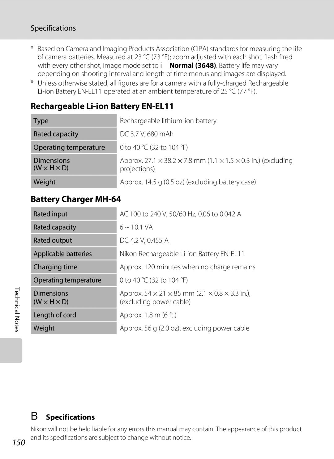 Nortel Networks S560 user manual Rechargeable Li-ion Battery EN-EL11, Battery Charger MH-64, Specifications 