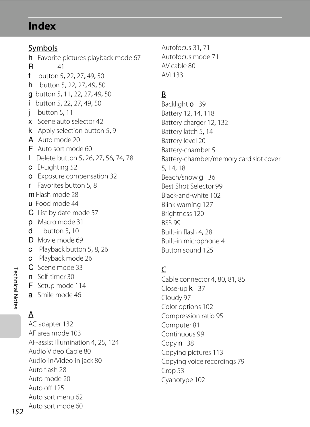 Nortel Networks S560 user manual Index, Symbols, 152, Self-timer 30 F Setup mode Smile mode 