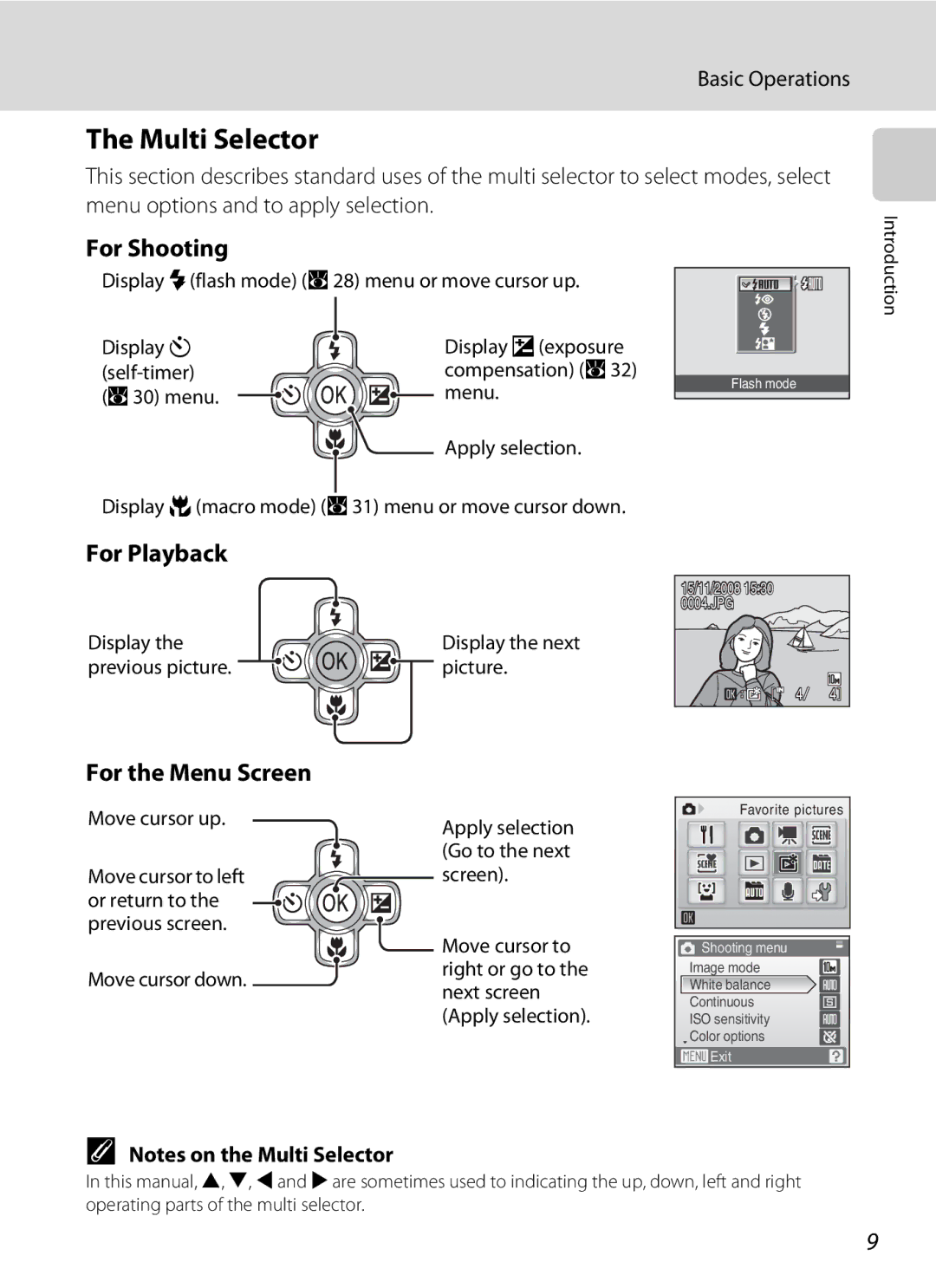 Nortel Networks S560 user manual Multi Selector, For Shooting, For Playback, Basic Operations, For the Menu Screen 