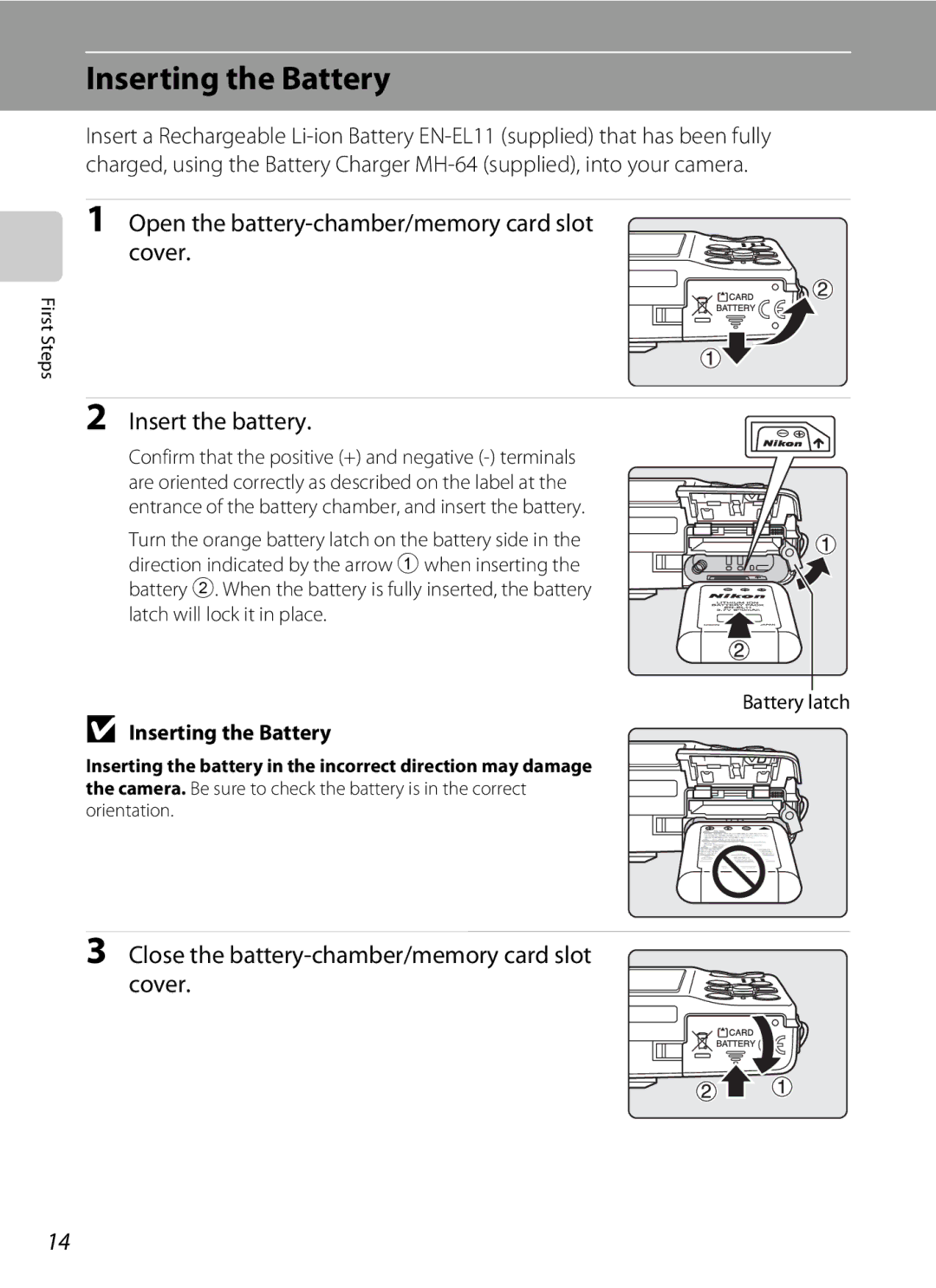 Nortel Networks S560 user manual Inserting the Battery, Open the battery-chamber/memory card slot Cover, Insert the battery 