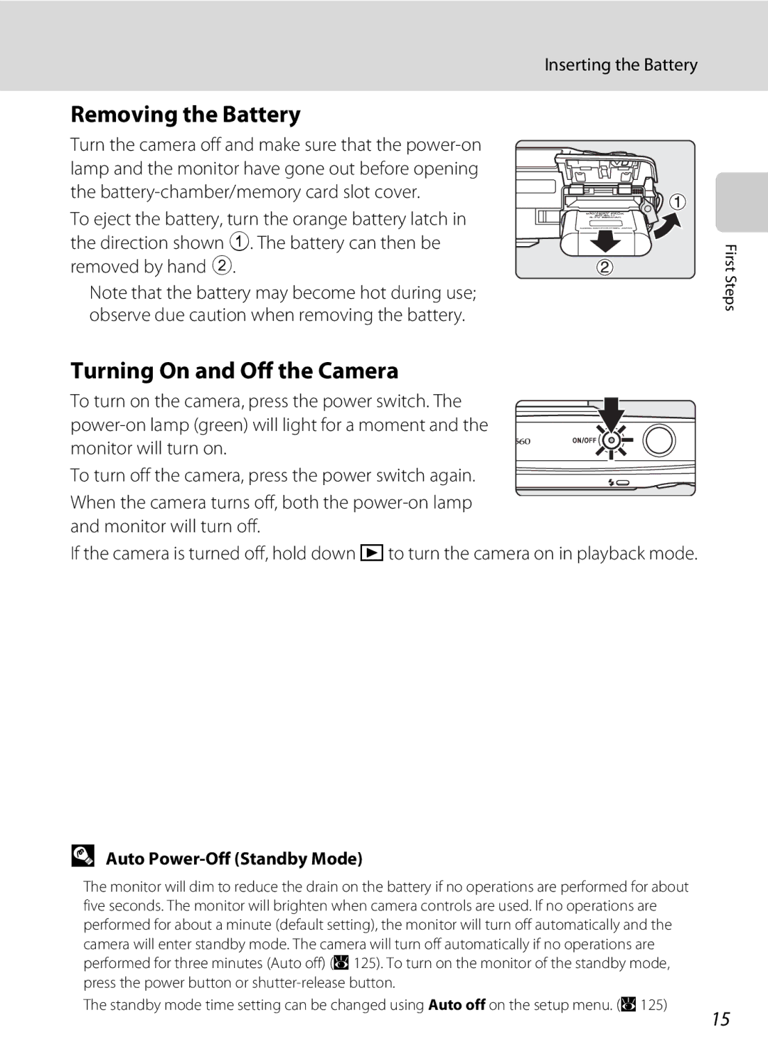 Nortel Networks S560 user manual Removing the Battery, Turning On and Off the Camera, Inserting the Battery 