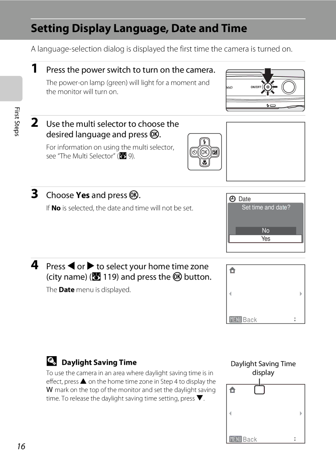 Nortel Networks S560 user manual Setting Display Language, Date and Time, Press the power switch to turn on the camera 