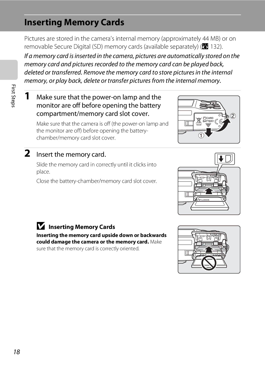 Nortel Networks S560 user manual Inserting Memory Cards, Make sure that the power-on lamp, Insert the memory card 