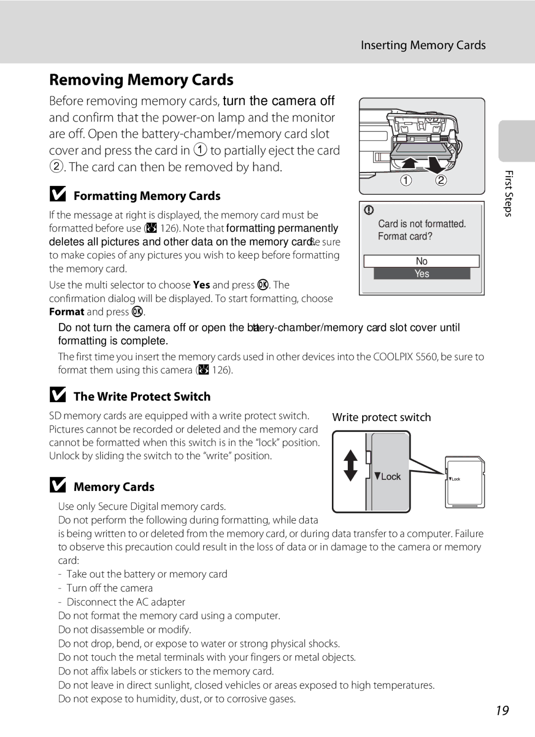 Nortel Networks S560 Removing Memory Cards, Inserting Memory Cards, Formatting Memory Cards, Write Protect Switch 