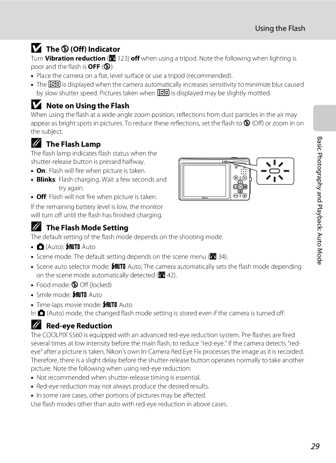 Nortel Networks S560 user manual Using the Flash, WOff Indicator, Flash Lamp, Flash Mode Setting, Red-eye Reduction 