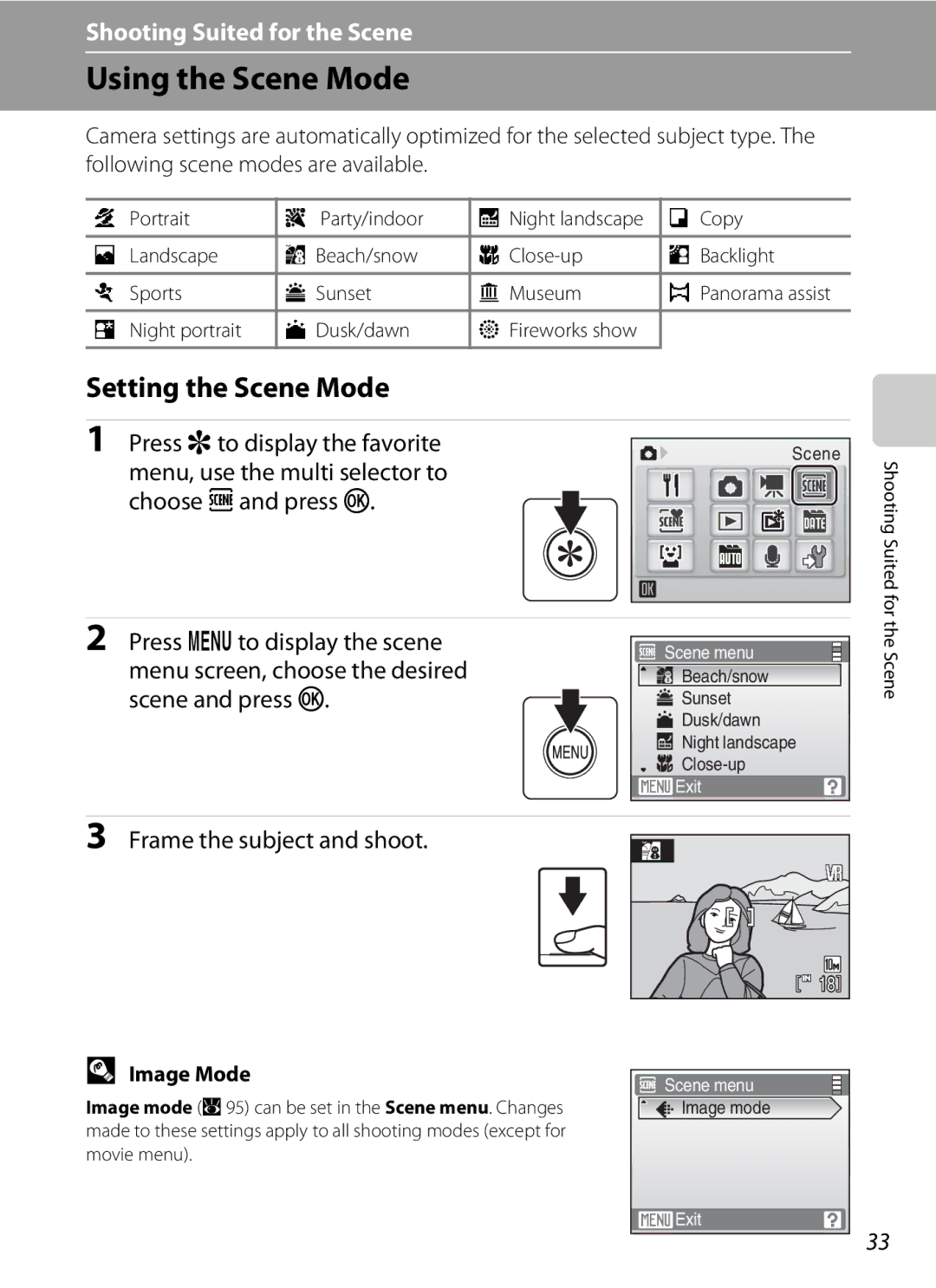 Nortel Networks S560 user manual Using the Scene Mode, Setting the Scene Mode, Press r to display the favorite 