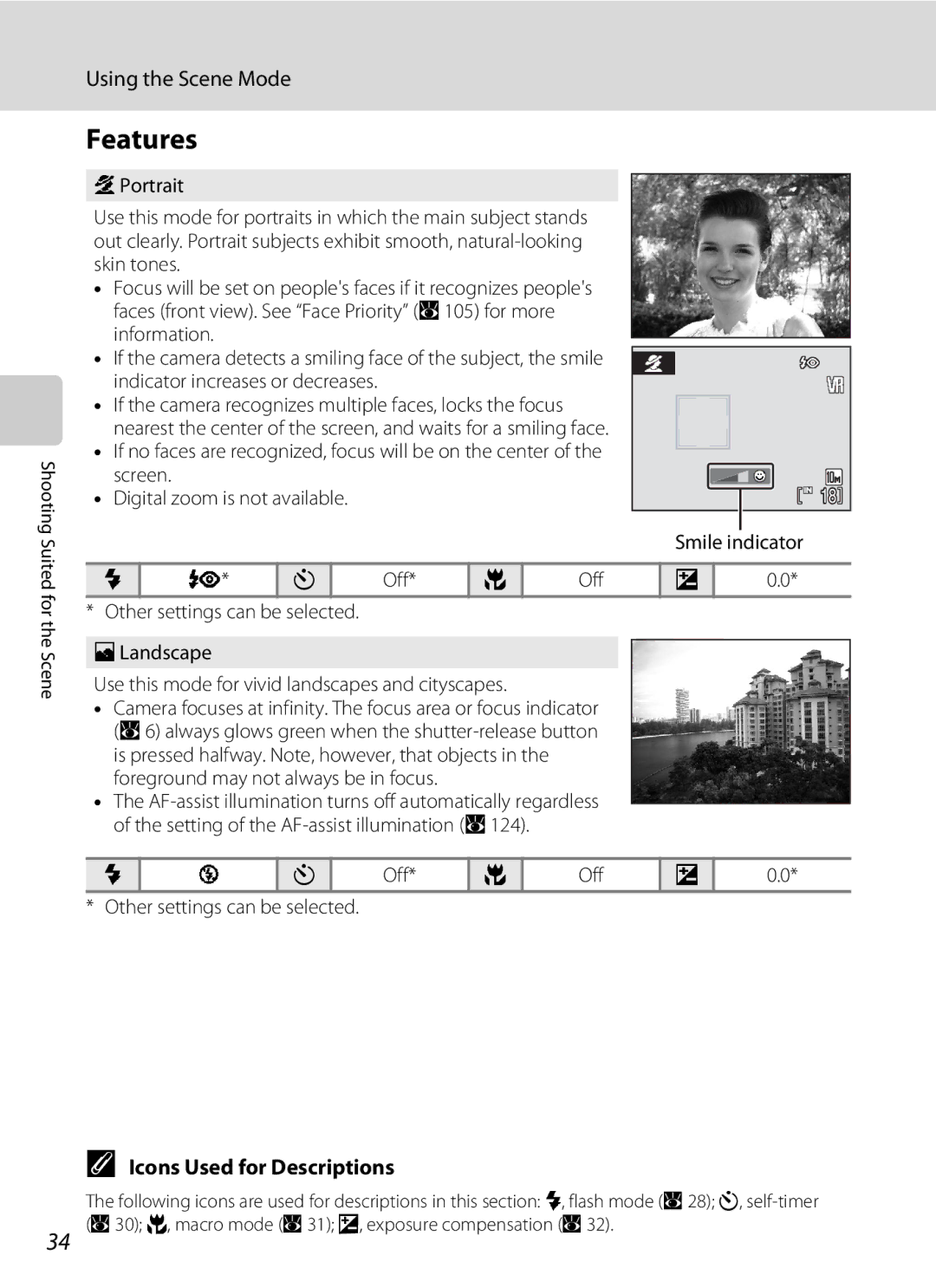 Nortel Networks S560 user manual Features, Using the Scene Mode, Icons Used for Descriptions, Off 