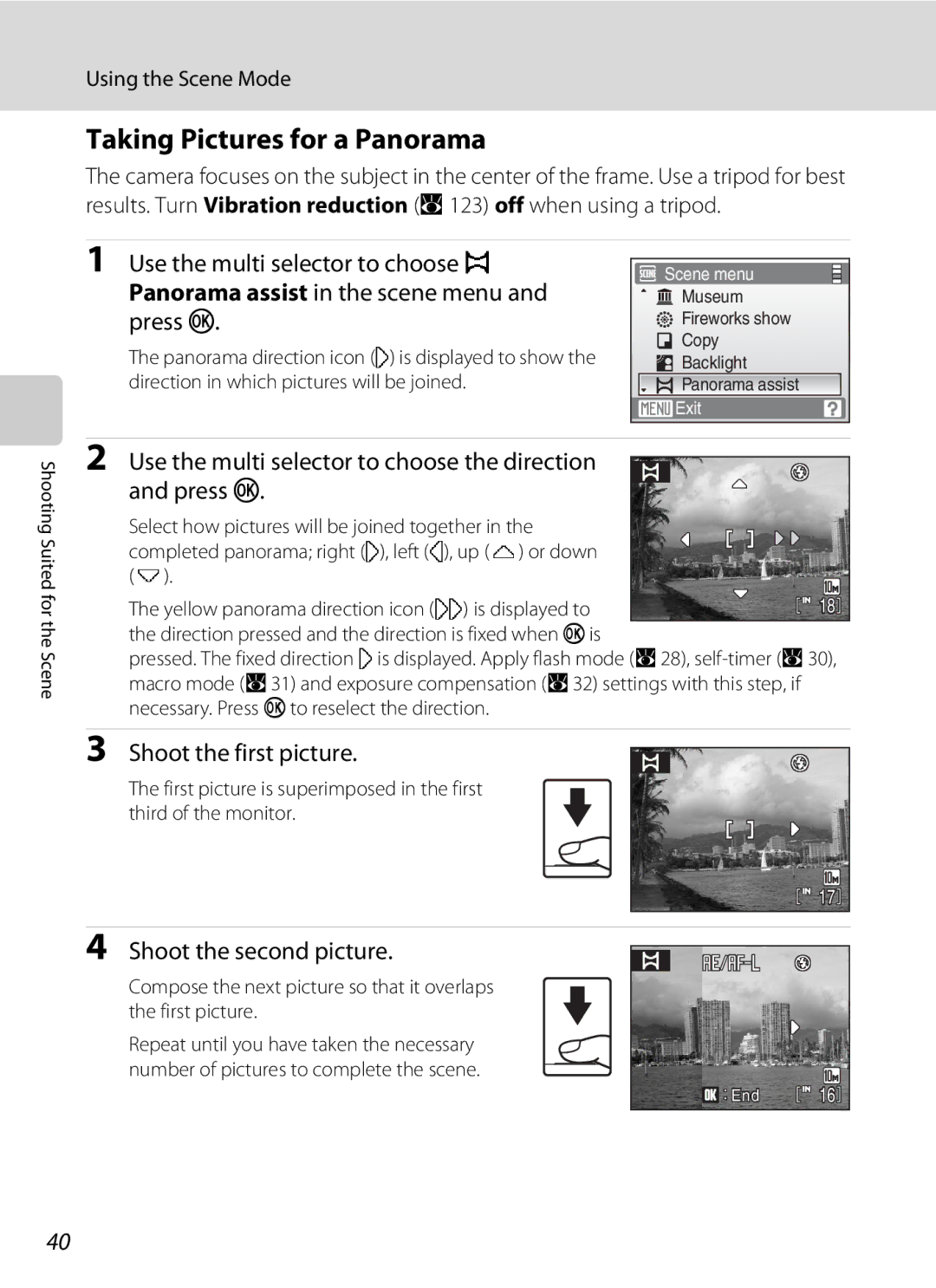 Nortel Networks S560 user manual Taking Pictures for a Panorama, Use the multi selector to choose the direction Press k 