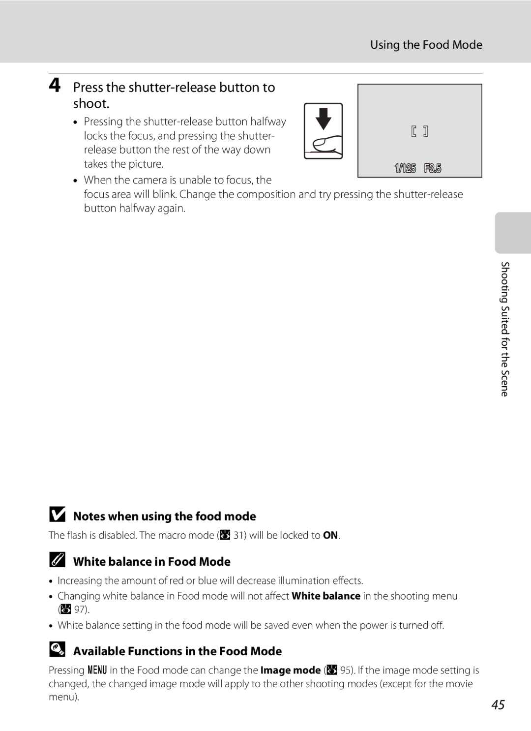 Nortel Networks S560 user manual Press the shutter-release button to shoot, Using the Food Mode, White balance in Food Mode 