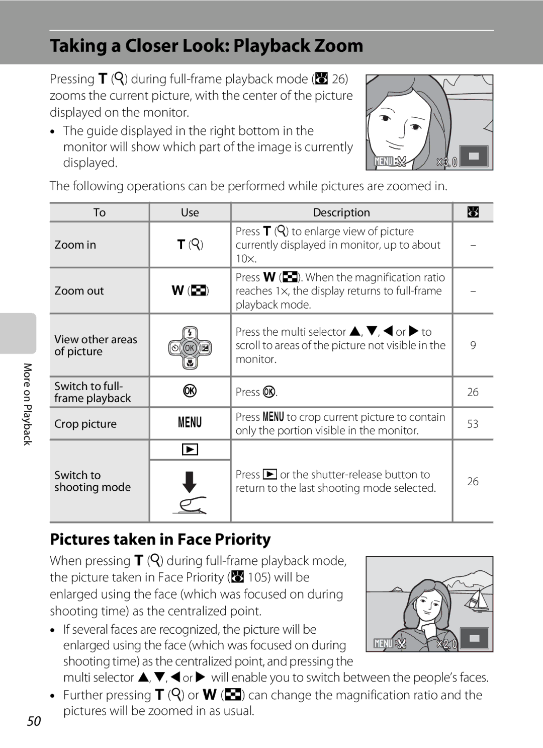 Nortel Networks S560 user manual Taking a Closer Look Playback Zoom, Pictures taken in Face Priority, 10× Zoom out 