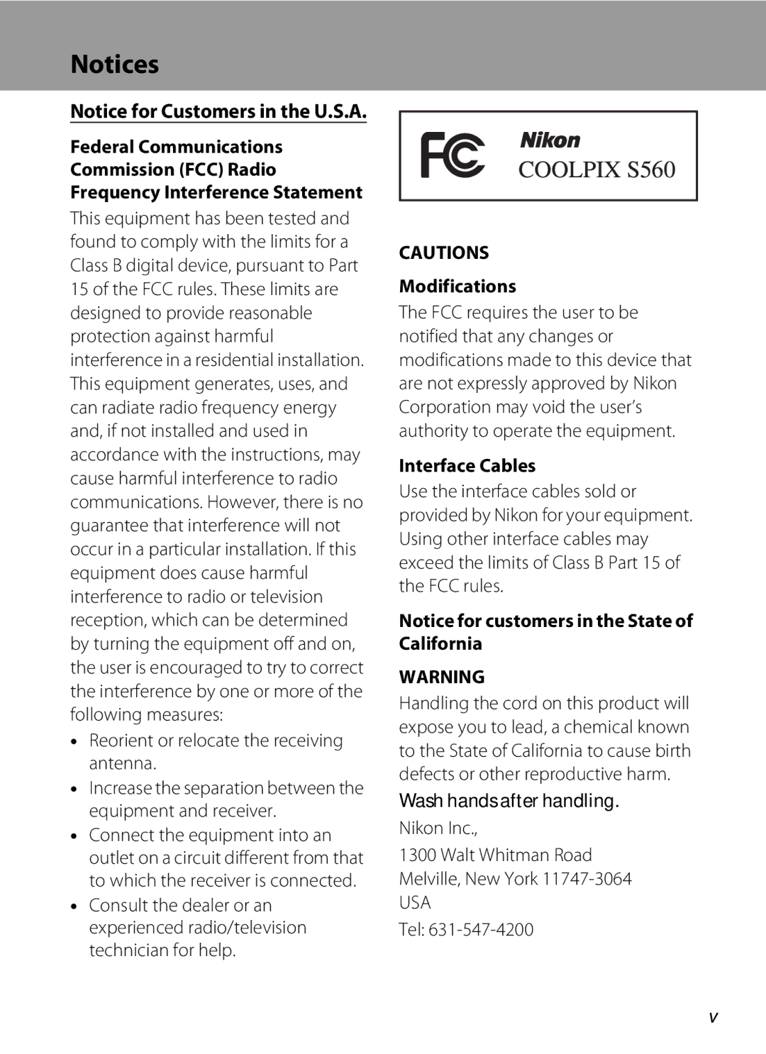 Nortel Networks S560 user manual Modifications, Interface Cables, Nikon Inc Walt Whitman Road Melville, New York, Tel 