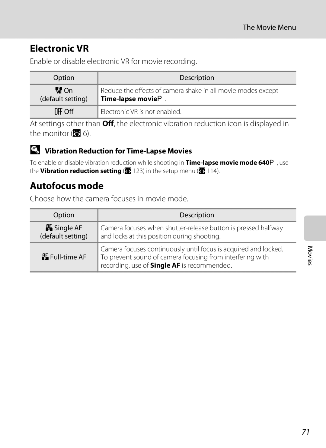 Nortel Networks S560 user manual Electronic VR, Autofocus mode, Vibration Reduction for Time-Lapse Movies 